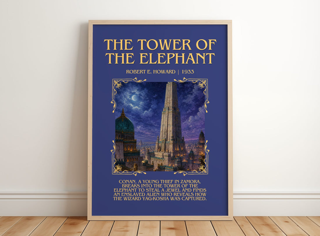 The Tower of the Elephant Minimalist Book Poster by Robert E. Howard – framed print leaning on a wooden floor