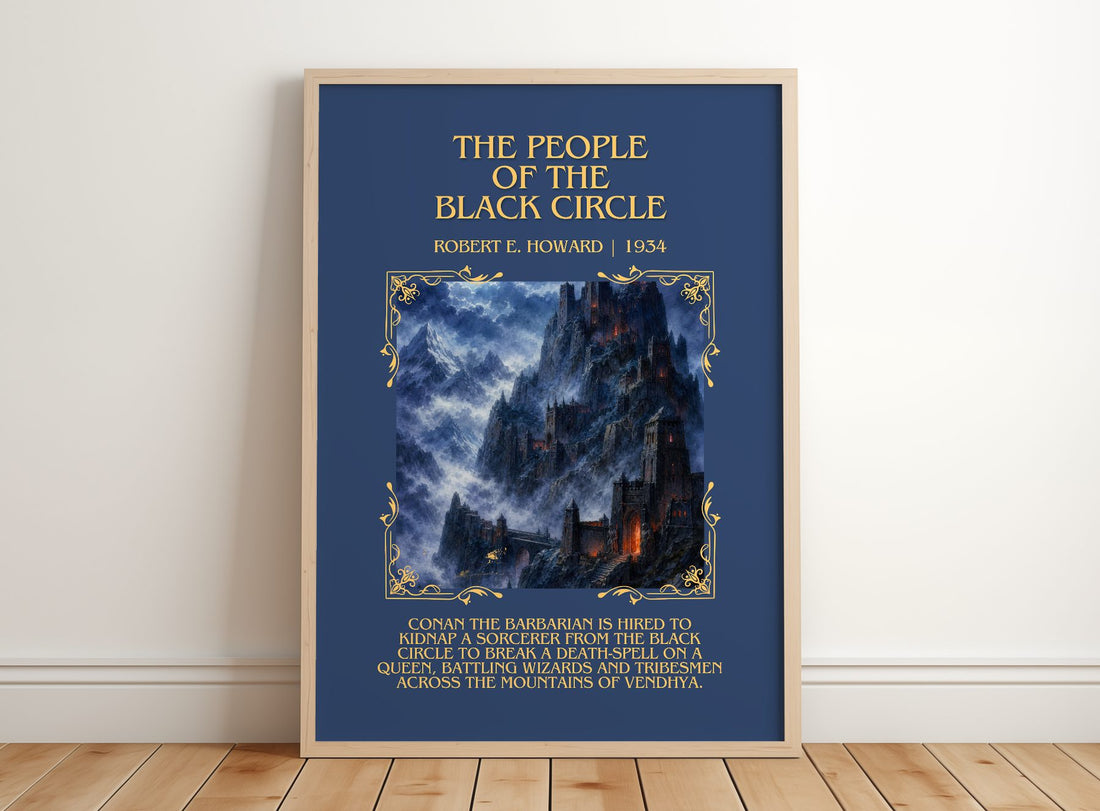 People of the Black Circle Minimalist Book Poster by Robert E. Howard – framed print leaning on a wooden floor