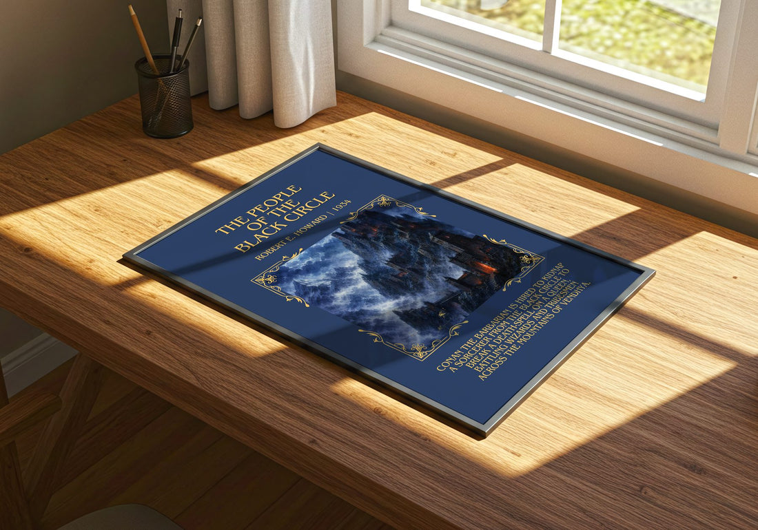 People of the Black Circle Minimalist Book Poster by Robert E. Howard – print on a sunlit desk