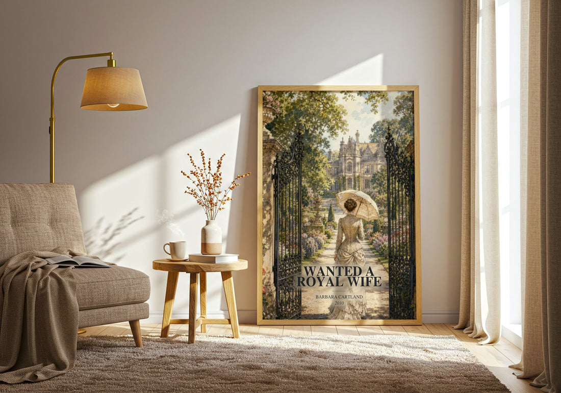 Wanted A Royal Wife watercolour print in frame leaning in hallway – romance wall art (mockup)