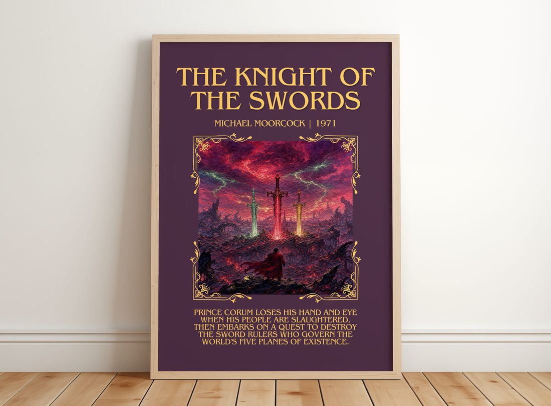 The Knight of the Swords Minimalist Book Poster by Michael Moorcock – framed print leaning on a wooden floor