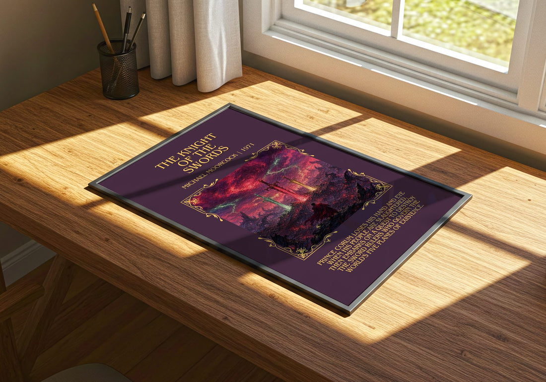 The Knight of the Swords Minimalist Book Poster by Michael Moorcock – print on a sunlit desk