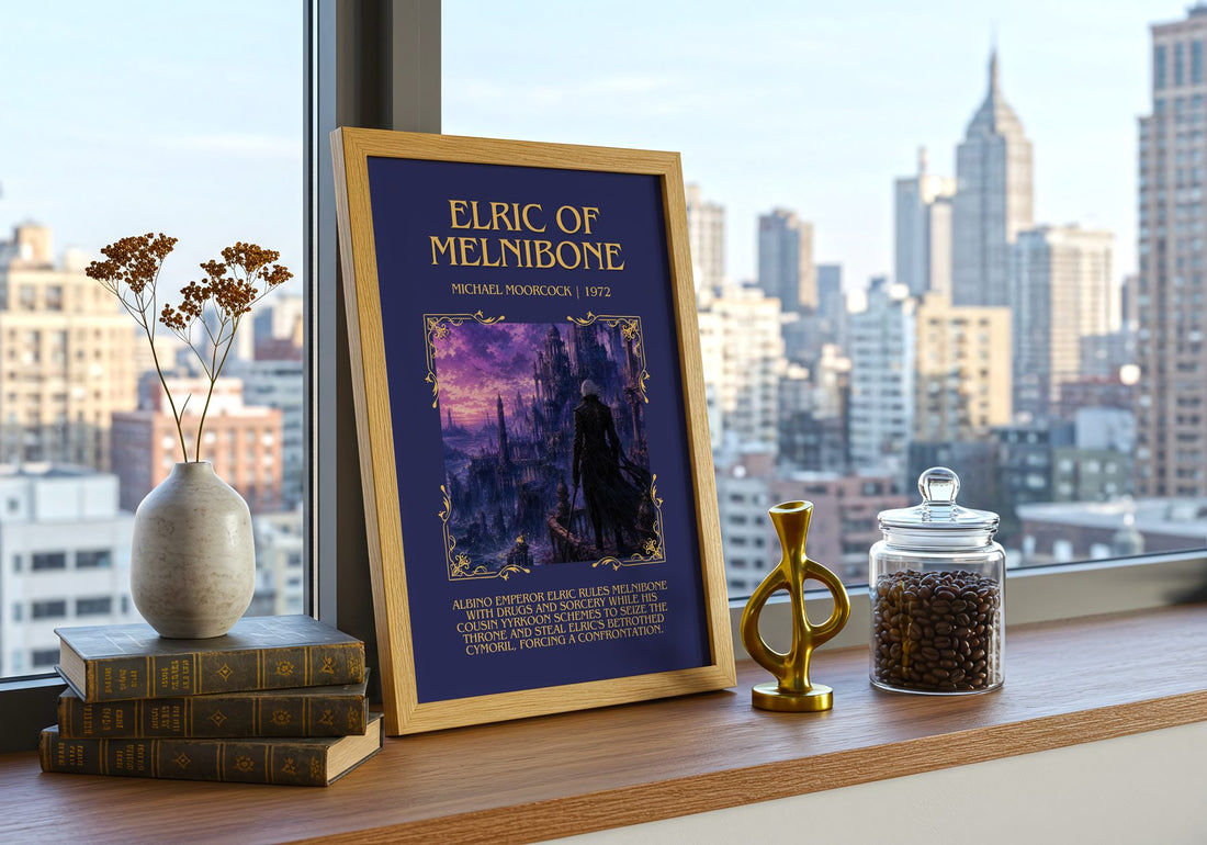 Elric of Melniboné Minimalist Book Poster by Michael Moorcock – framed print on a city-view windowsill
