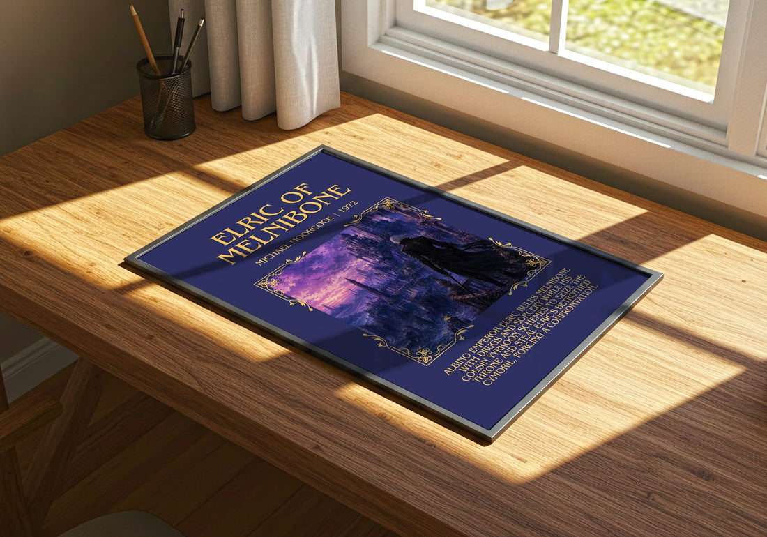 Elric of Melniboné Minimalist Book Poster by Michael Moorcock – print on a sunlit desk