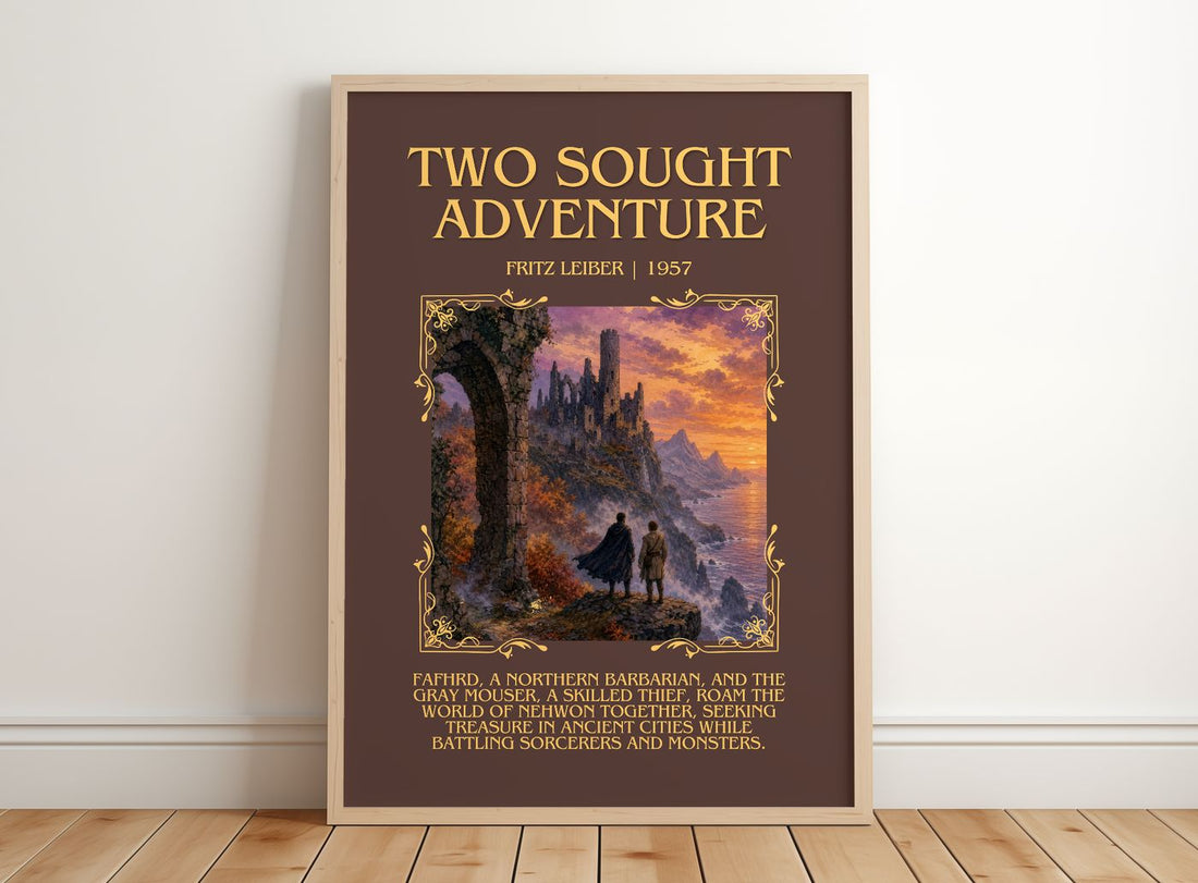 Two Sought Adventure Minimalist Book Poster by Fritz Leiber – framed print leaning on a wooden floor