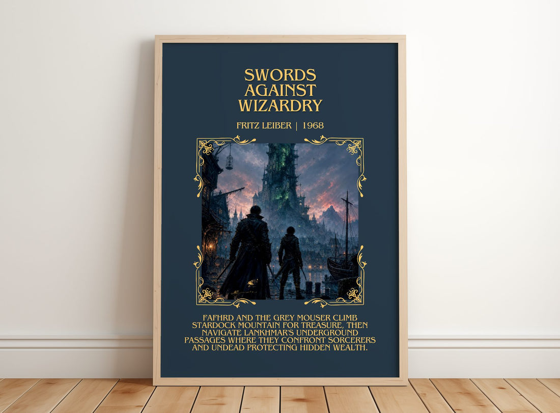 Swords Against Wizardry Minimalist Book Poster by Fritz Leiber – framed print leaning on a wooden floor