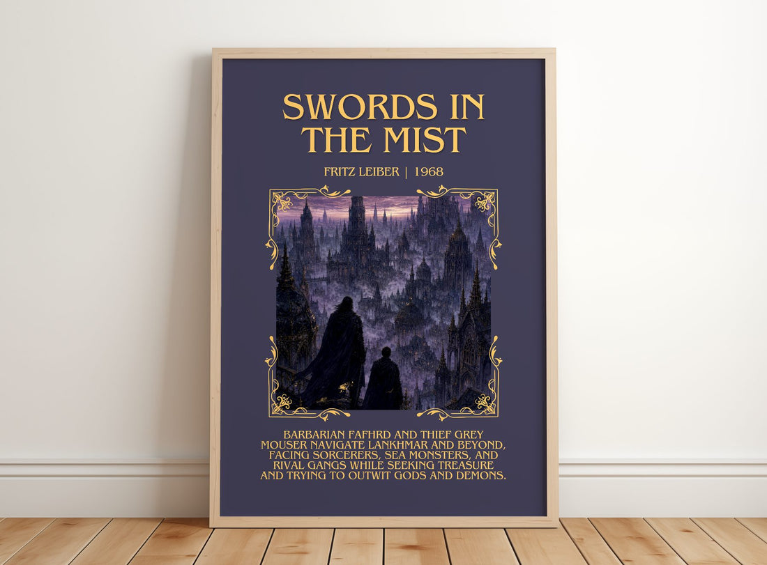 Swords in the Mist Minimalist Book Poster by Fritz Leiber – framed print leaning on a wooden floor