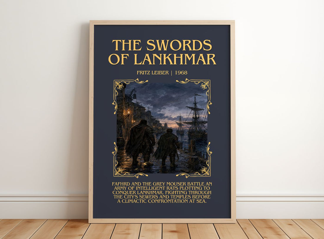 The Swords of Lankhmar Minimalist Book Poster by Fritz Leiber – framed print leaning on a wooden floor