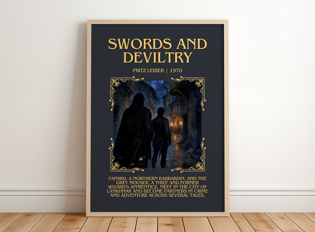 Swords and Deviltry Minimalist Book Poster by Fritz Leiber – framed print leaning on a wooden floor