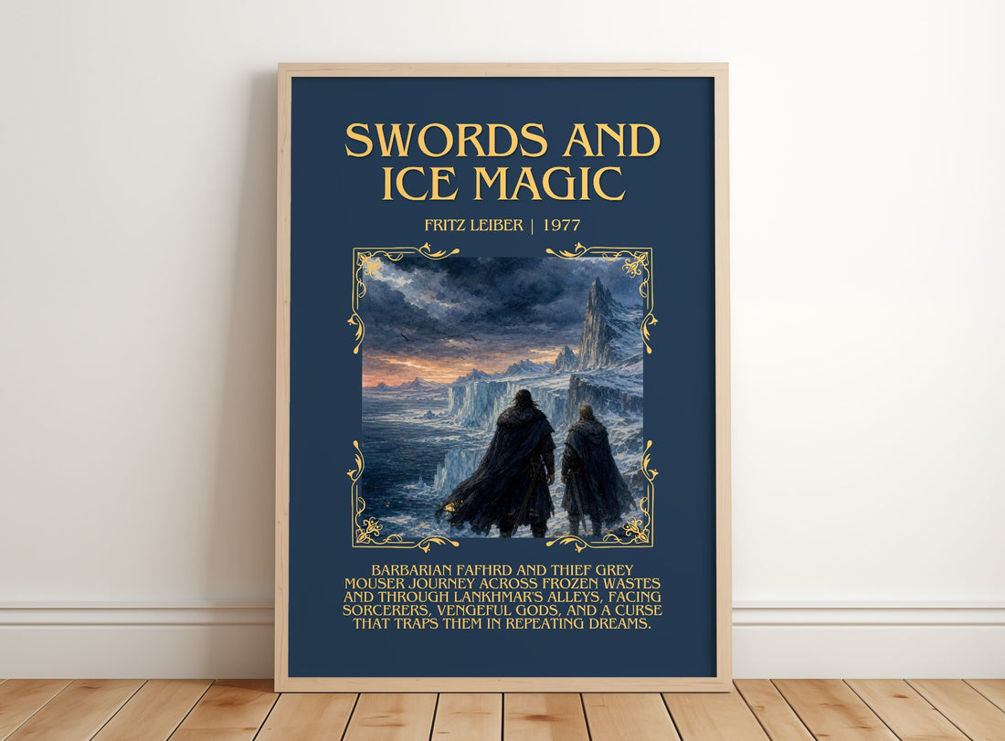 Swords and Ice Magic Minimalist Book Poster by Fritz Leiber – framed print leaning on a wooden floor