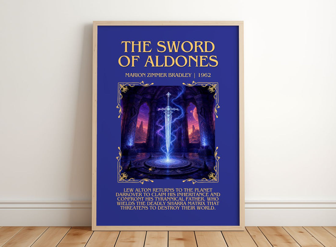 The Sword of Aldones Minimalist Book Poster by Marion Zimmer Bradley – framed print leaning on a wooden floor