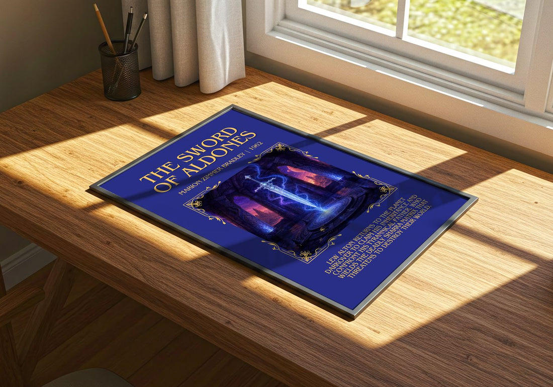 The Sword of Aldones Minimalist Book Poster by Marion Zimmer Bradley – print on a sunlit desk