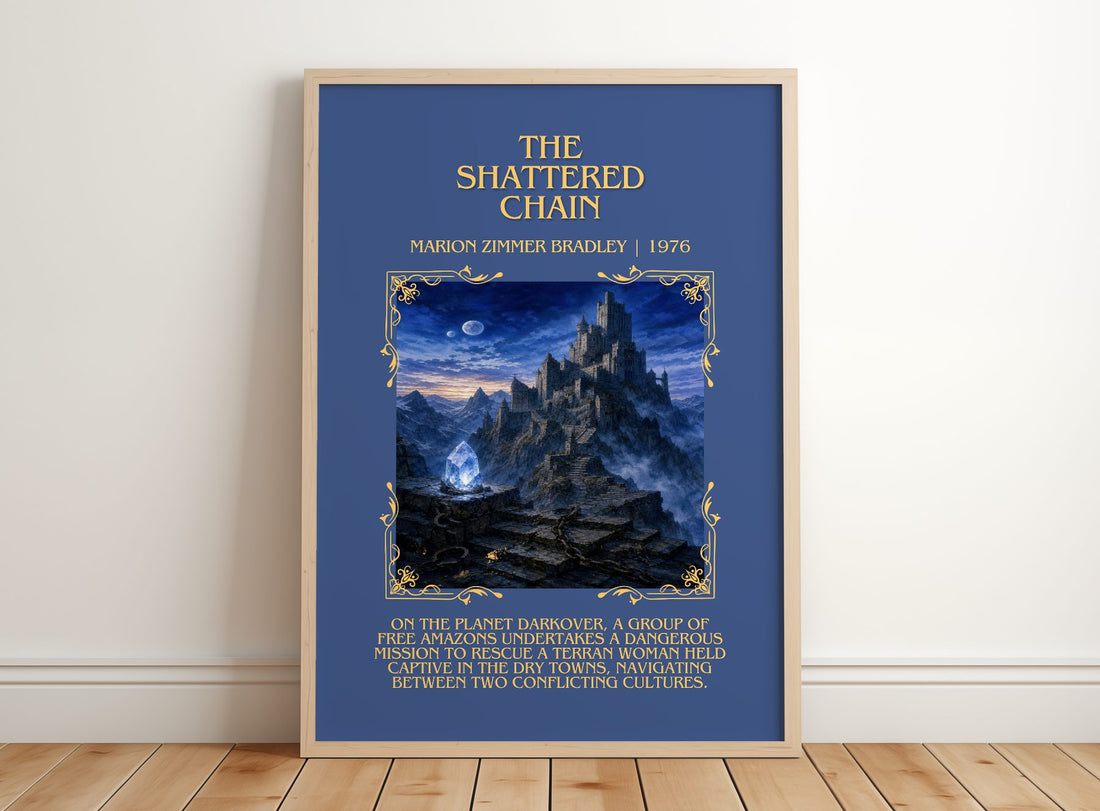 The Shattered Chain Minimalist Book Poster by Marion Zimmer Bradley – framed print leaning on a wooden floor