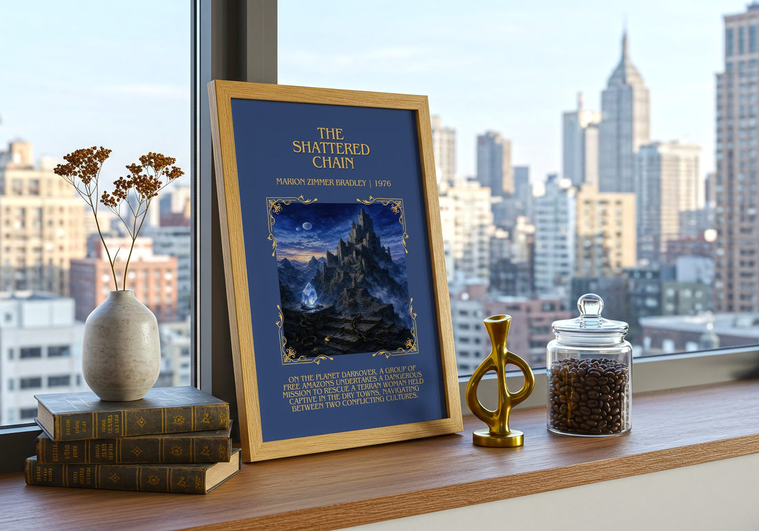 The Shattered Chain Minimalist Book Poster by Marion Zimmer Bradley – framed print on a city-view windowsill