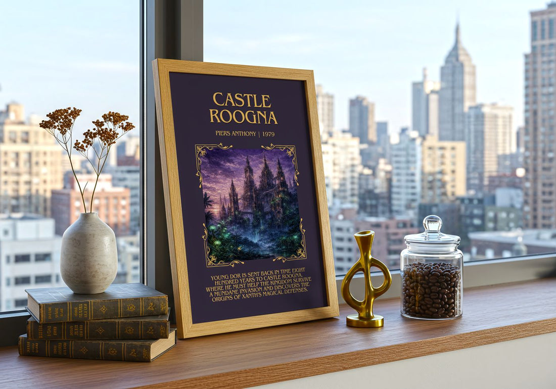 Castle Roogna Minimalist Book Poster by Piers Anthony – framed print on a city-view windowsill