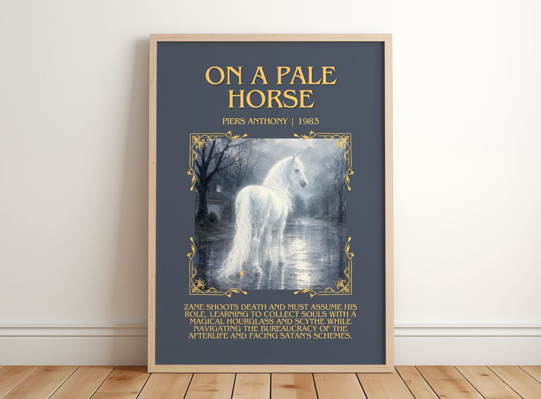 On a Pale Horse Minimalist Book Poster by Piers Anthony – framed print leaning on a wooden floor