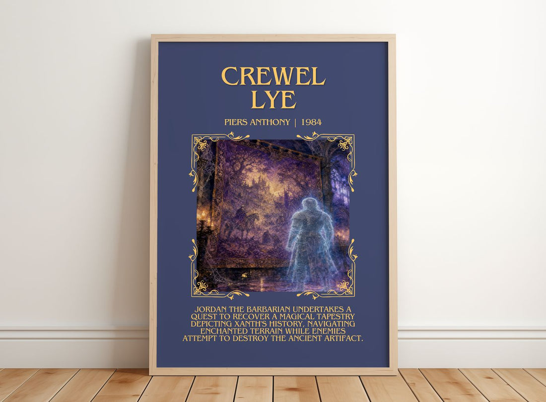 Crewel Lye Minimalist Book Poster by Piers Anthony – framed print leaning on a wooden floor