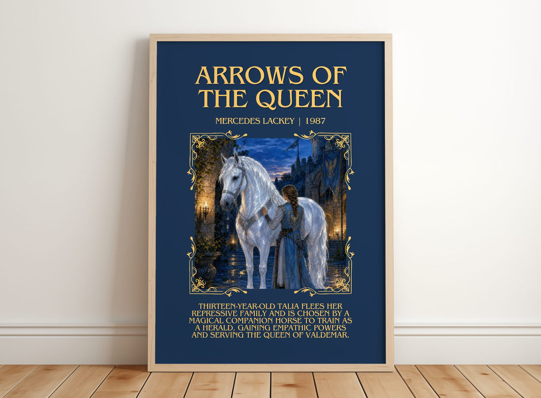 Arrows of the Queen Minimalist Book Poster by Mercedes Lackey – framed print leaning on a wooden floor