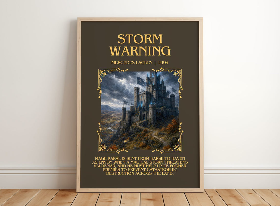 Storm Warning Minimalist Book Poster by Mercedes Lackey – framed print leaning on a wooden floor