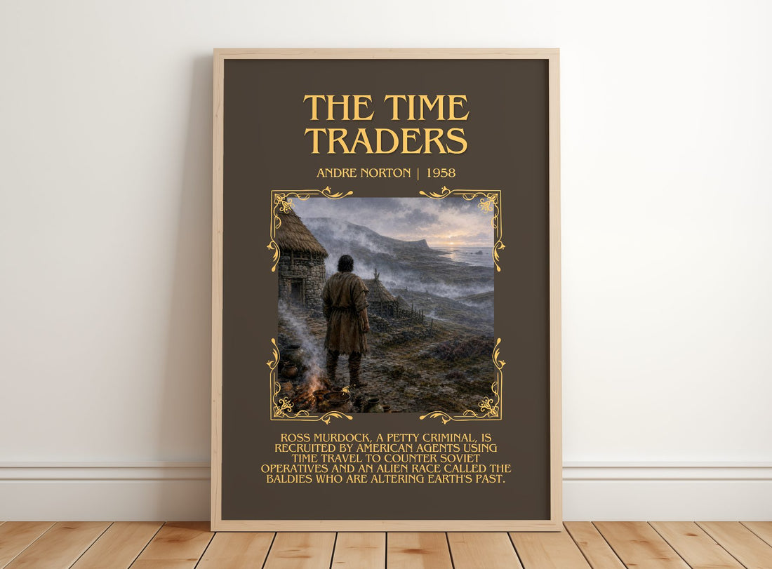 The Time Traders Minimalist Book Poster by Andre Norton – framed print leaning on a wooden floor