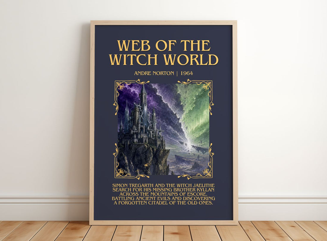 Web of the Witch World Minimalist Book Poster by Andre Norton – framed print leaning on a wooden floor