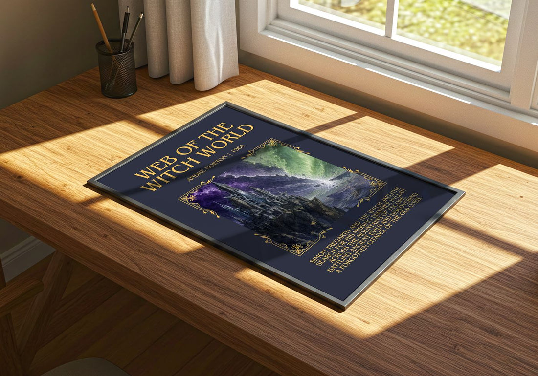 Web of the Witch World Minimalist Book Poster by Andre Norton – print on a sunlit desk