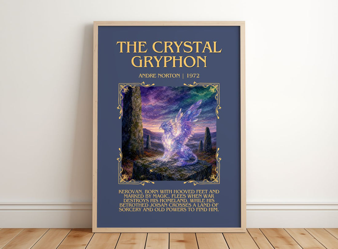 The Crystal Gryphon Minimalist Book Poster by Andre Norton – framed print leaning on a wooden floor