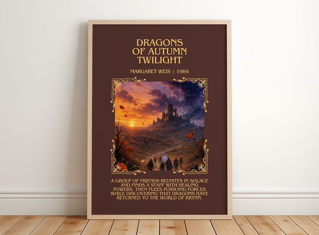 Dragons of Autumn Twilight Minimalist Book Poster by Margaret Weis – framed print leaning on a wooden floor