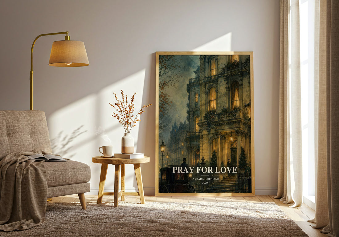 Pray For Love watercolour print in frame leaning in hallway – romance wall art (mockup)