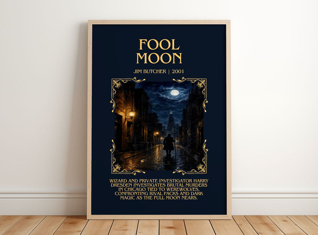 Fool Moon Minimalist Book Poster by Jim Butcher – framed print leaning on a wooden floor