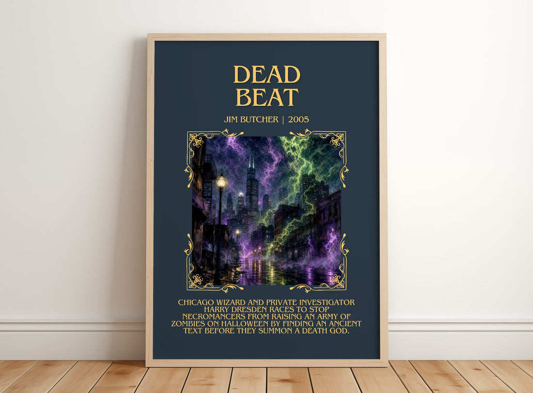 Dead Beat Minimalist Book Poster by Jim Butcher – framed print leaning on a wooden floor