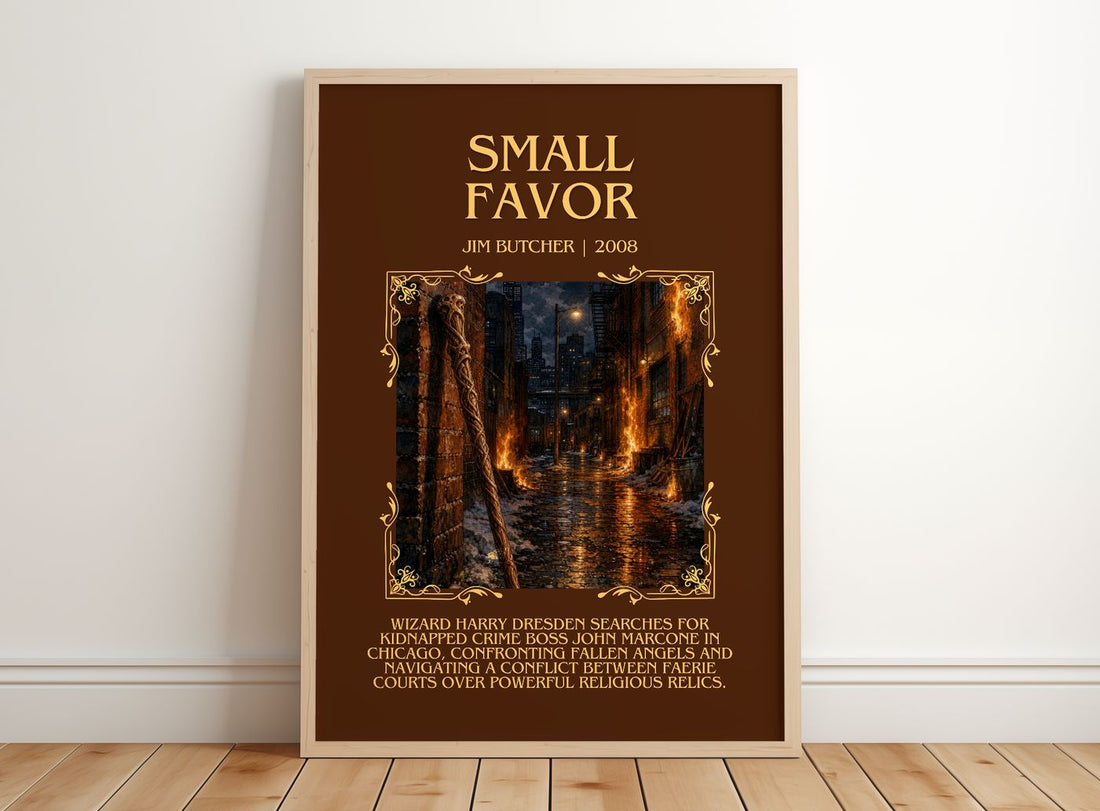 Small Favor Minimalist Book Poster by Jim Butcher – framed print leaning on a wooden floor