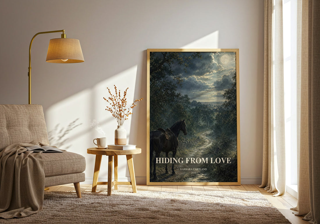 Hiding From Love watercolour print in frame leaning in hallway – romance wall art (mockup)