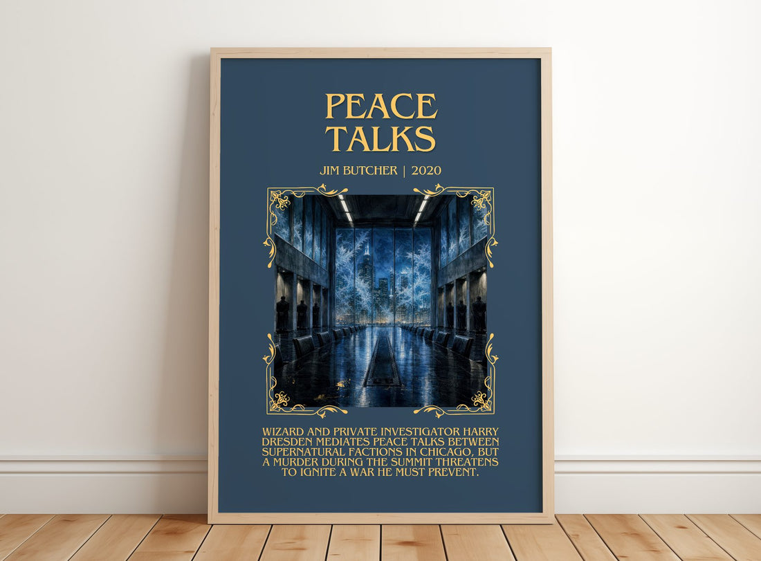Peace Talks Minimalist Book Poster by Jim Butcher – framed print leaning on a wooden floor