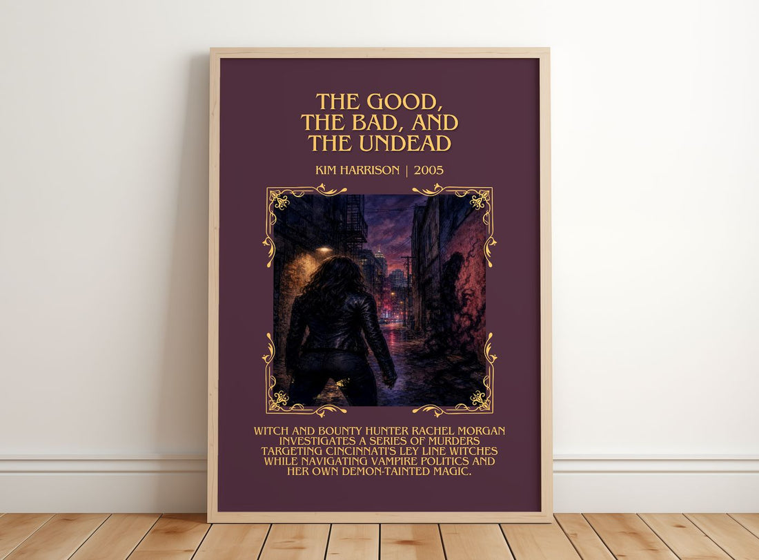 Good, the Bad, and the Undead Minimalist Book Poster by Kim Harrison – framed print leaning on a wooden floor