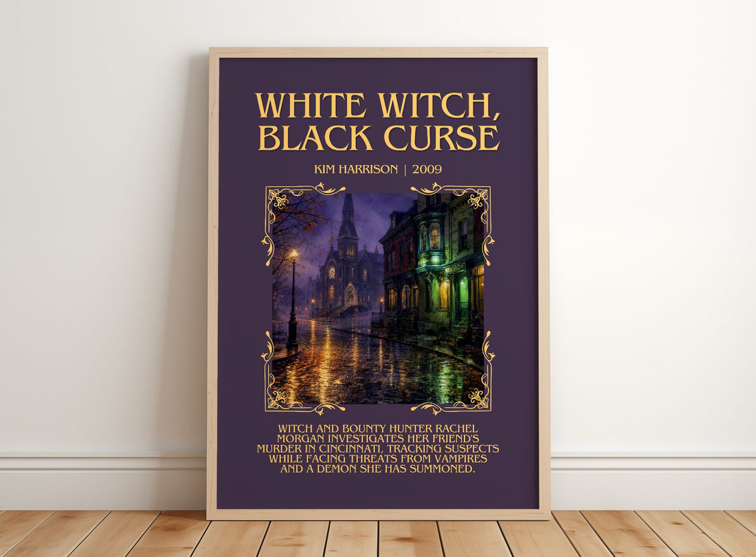 White Witch, Black Curse Minimalist Book Poster by Kim Harrison – framed print leaning on a wooden floor