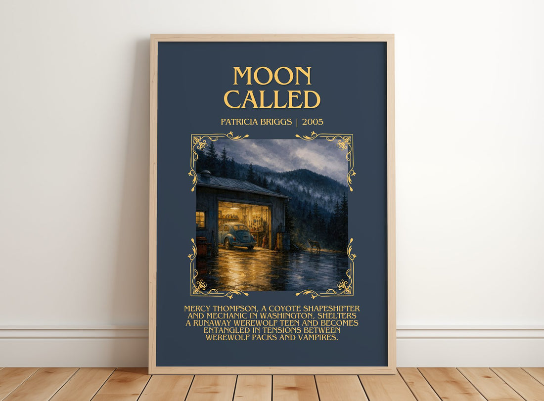 Moon Called Minimalist Book Poster by Patricia Briggs – framed print leaning on a wooden floor