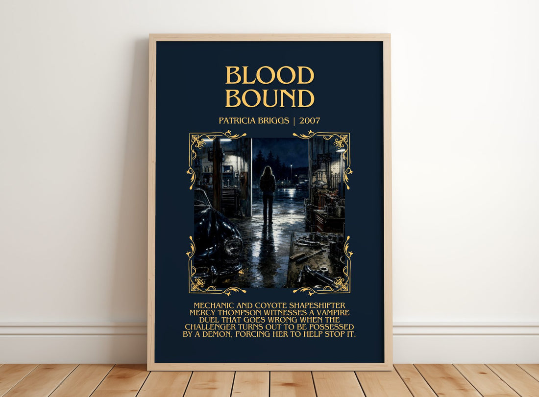 Blood Bound Minimalist Book Poster by Patricia Briggs – framed print leaning on a wooden floor