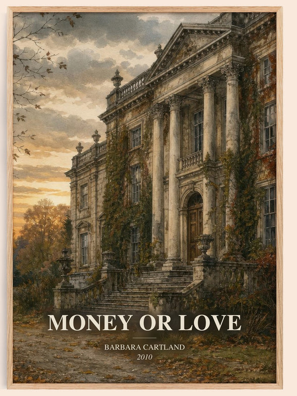 Money Or Love watercolour book poster by Barbara Cartland – framed literary art print