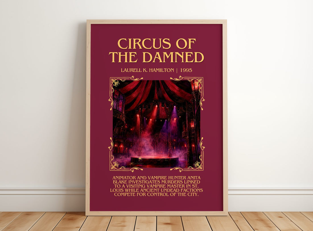 Circus of the Damned Minimalist Book Poster by Laurell K. Hamilton – framed print leaning on a wooden floor