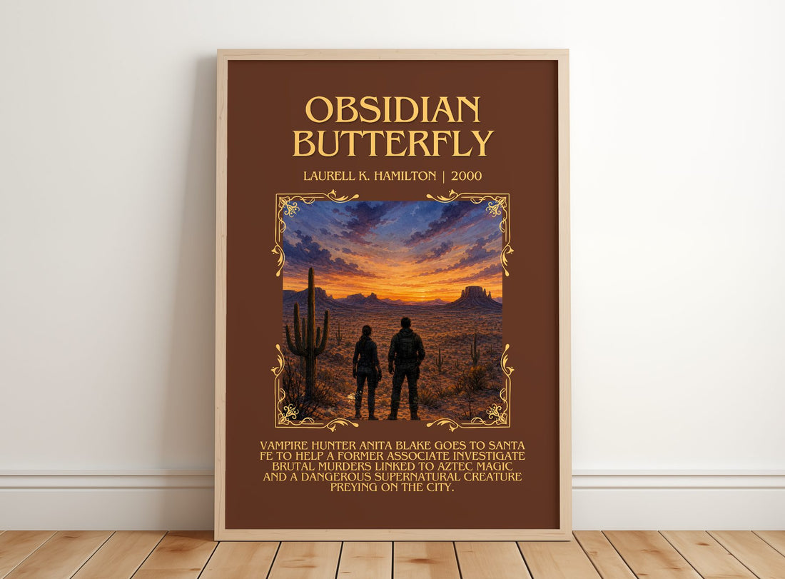 Obsidian Butterfly Minimalist Book Poster by Laurell K. Hamilton – framed print leaning on a wooden floor