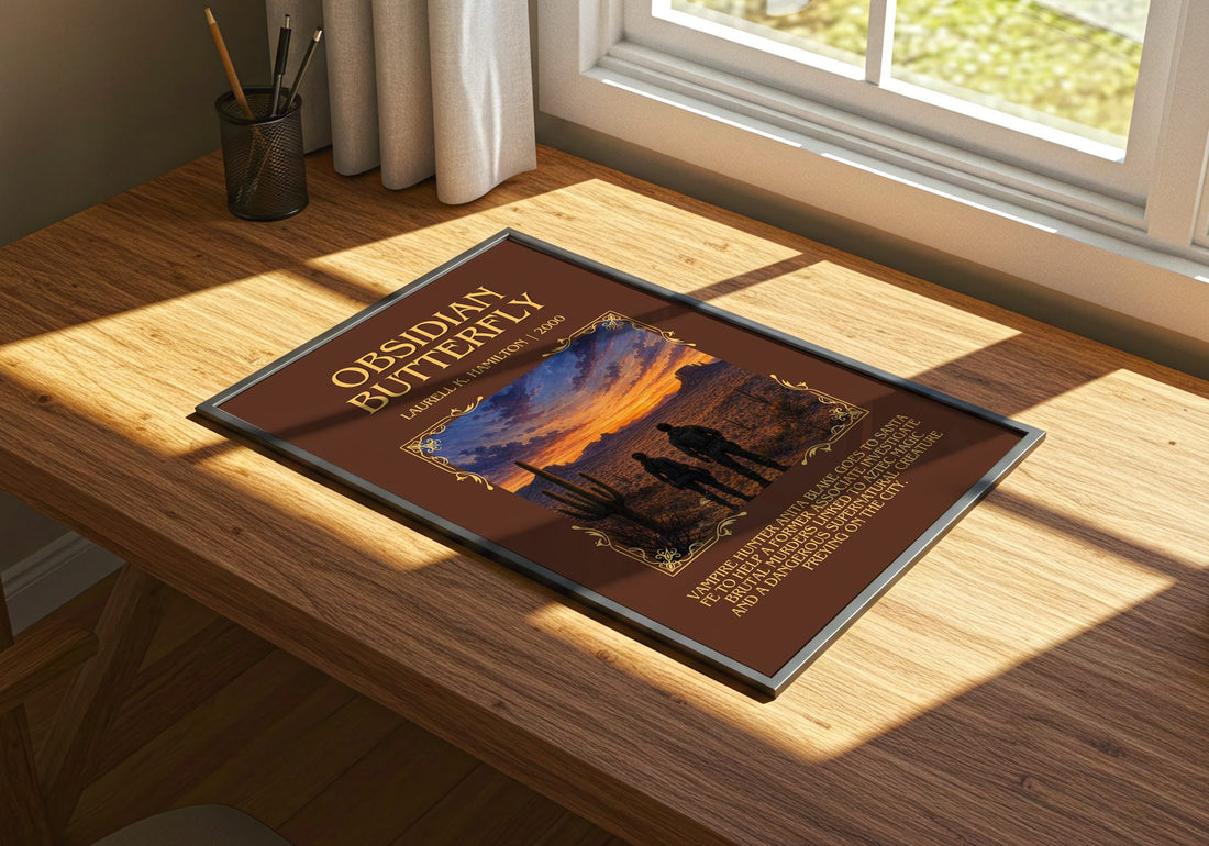 Obsidian Butterfly Minimalist Book Poster by Laurell K. Hamilton – print on a sunlit desk