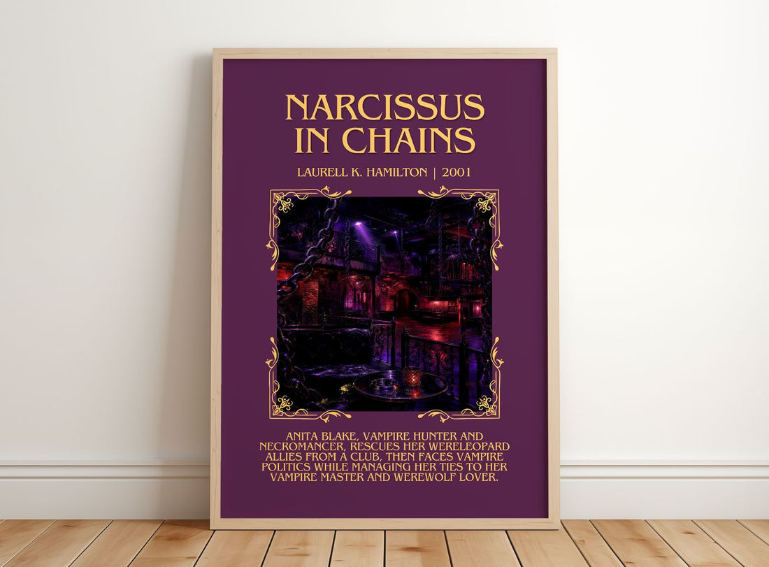 Narcissus in Chains Minimalist Book Poster by Laurell K. Hamilton – framed print leaning on a wooden floor