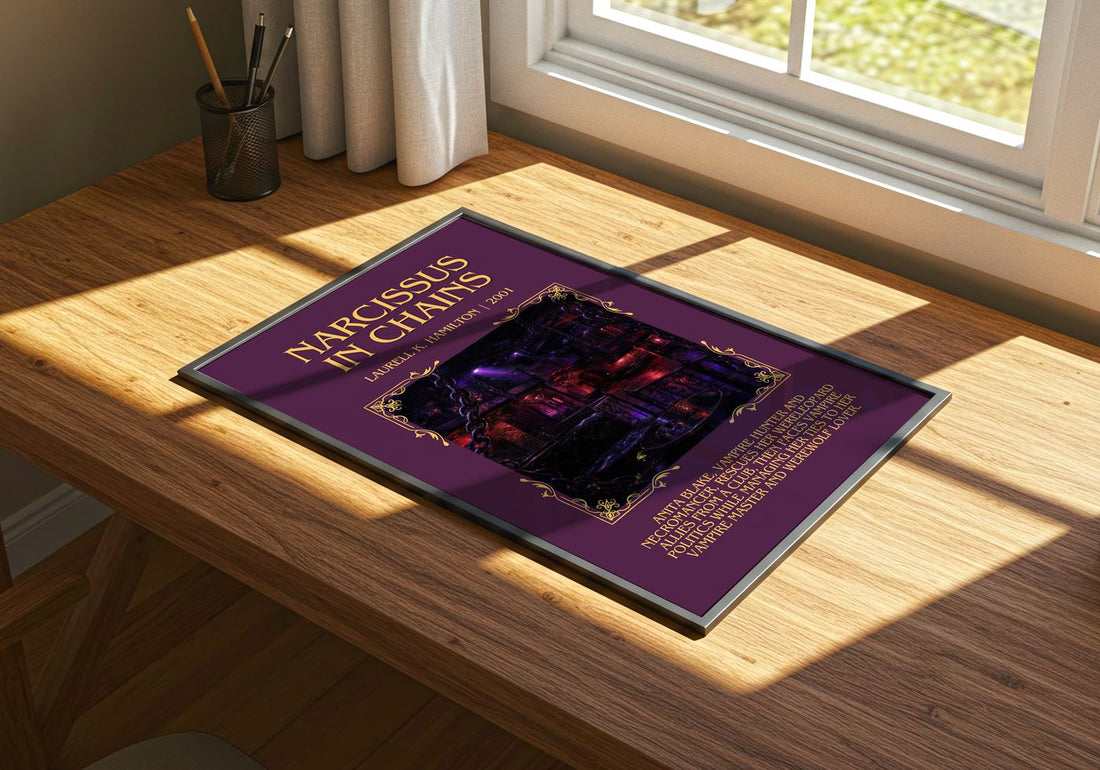 Narcissus in Chains Minimalist Book Poster by Laurell K. Hamilton – print on a sunlit desk