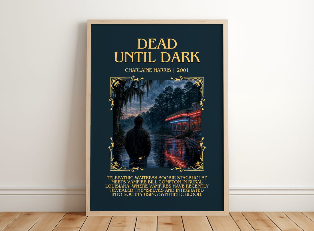 Dead Until Dark Minimalist Book Poster by Charlaine Harris – framed print leaning on a wooden floor