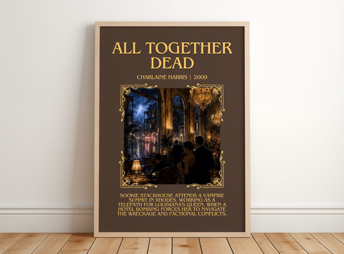 All Together Dead Minimalist Book Poster by Charlaine Harris – framed print leaning on a wooden floor