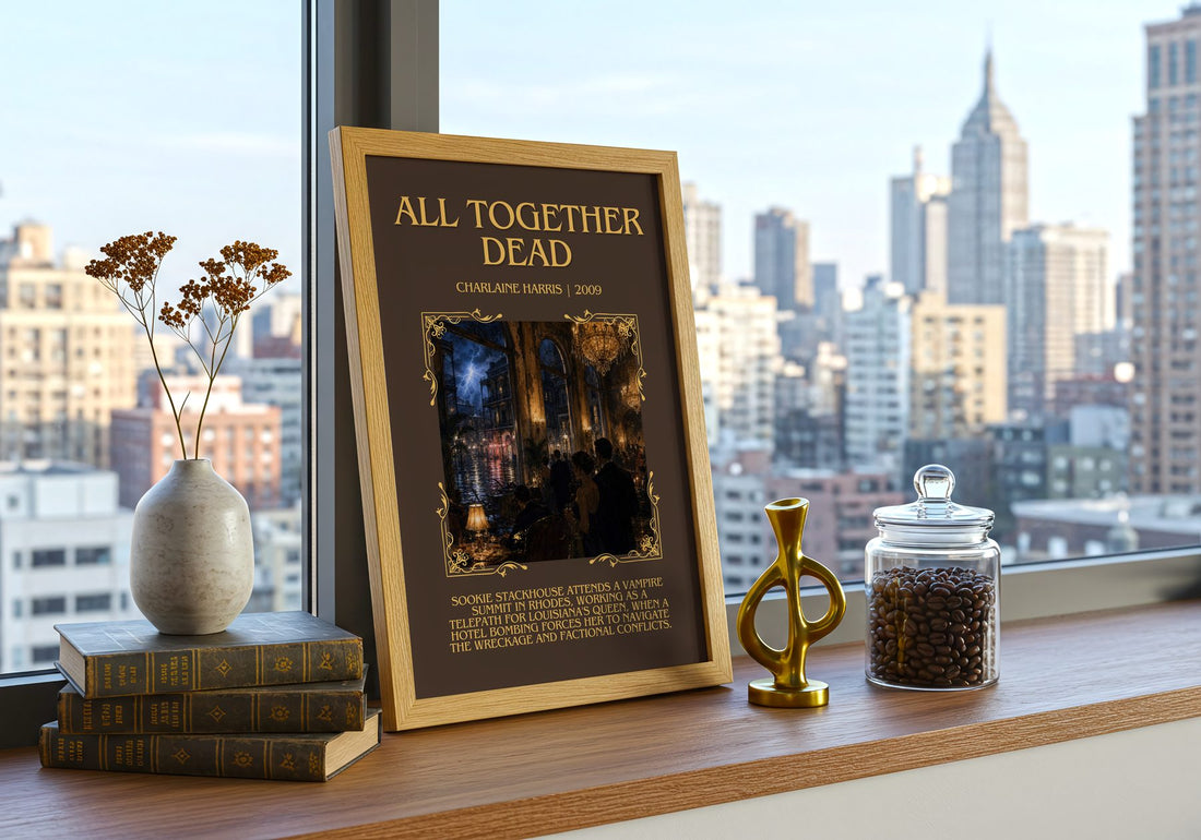 All Together Dead Minimalist Book Poster by Charlaine Harris – framed print on a city-view windowsill