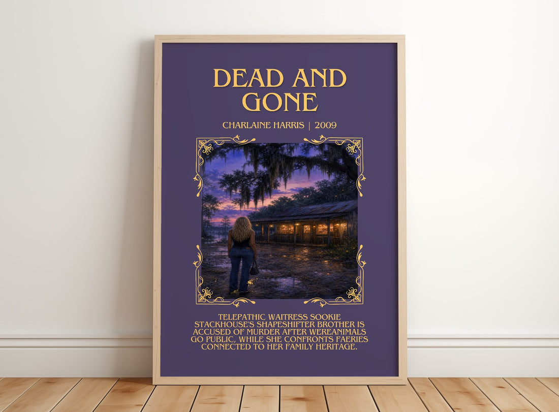 Dead and Gone Minimalist Book Poster by Charlaine Harris – framed print leaning on a wooden floor