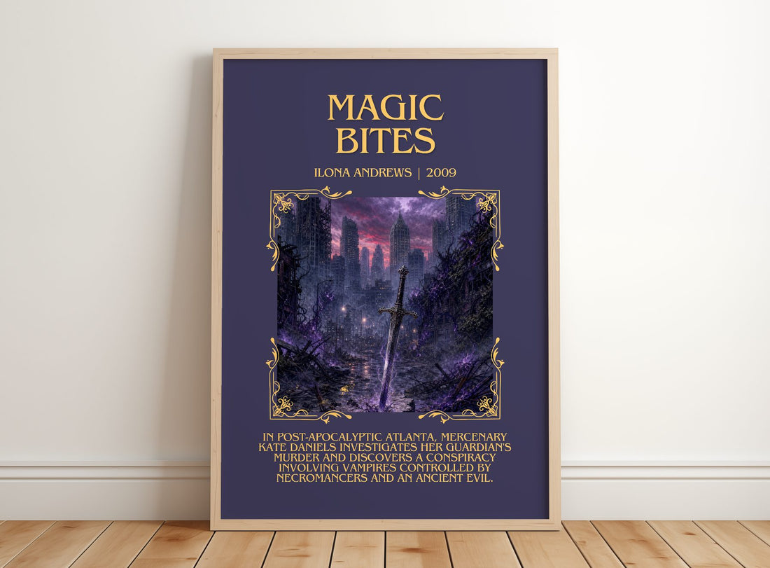 Magic Bites Minimalist Book Poster by Ilona Andrews – framed print leaning on a wooden floor