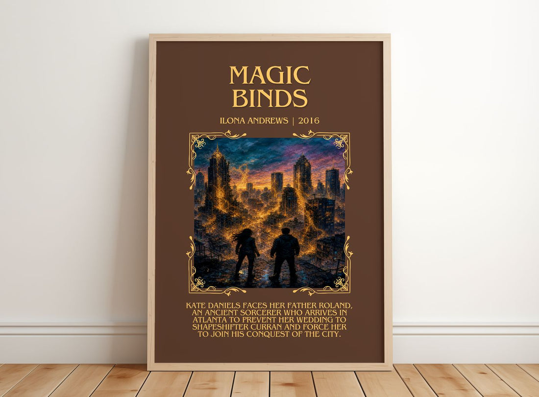 Magic Binds Minimalist Book Poster by Ilona Andrews – framed print leaning on a wooden floor